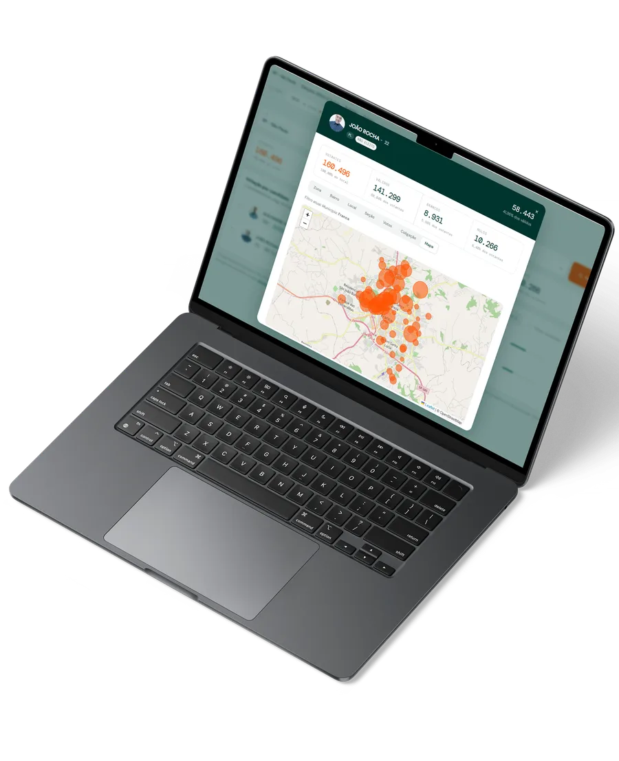 RAIO-X VOTOS aberto no notebook: ficha do candidato com votantes, votos válidos, brancos e nulos, e o mapa da votação por local com os pontos de maior concentração.